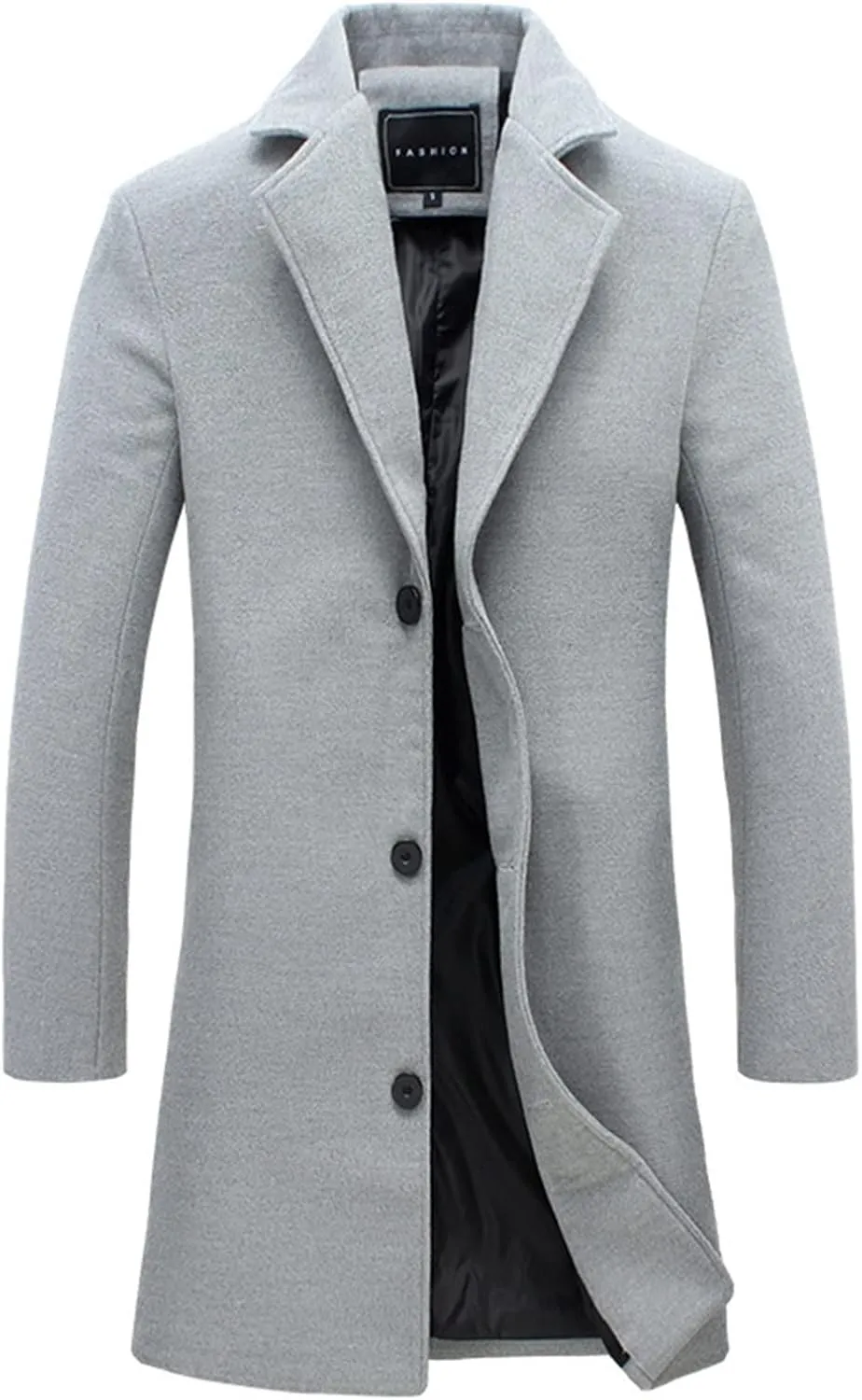 Mens Wool Blend Trench Coat Slim Fit Notched Collar Long Jacket Winter Overcoat Single Breasted Pea Coat wih Pockets