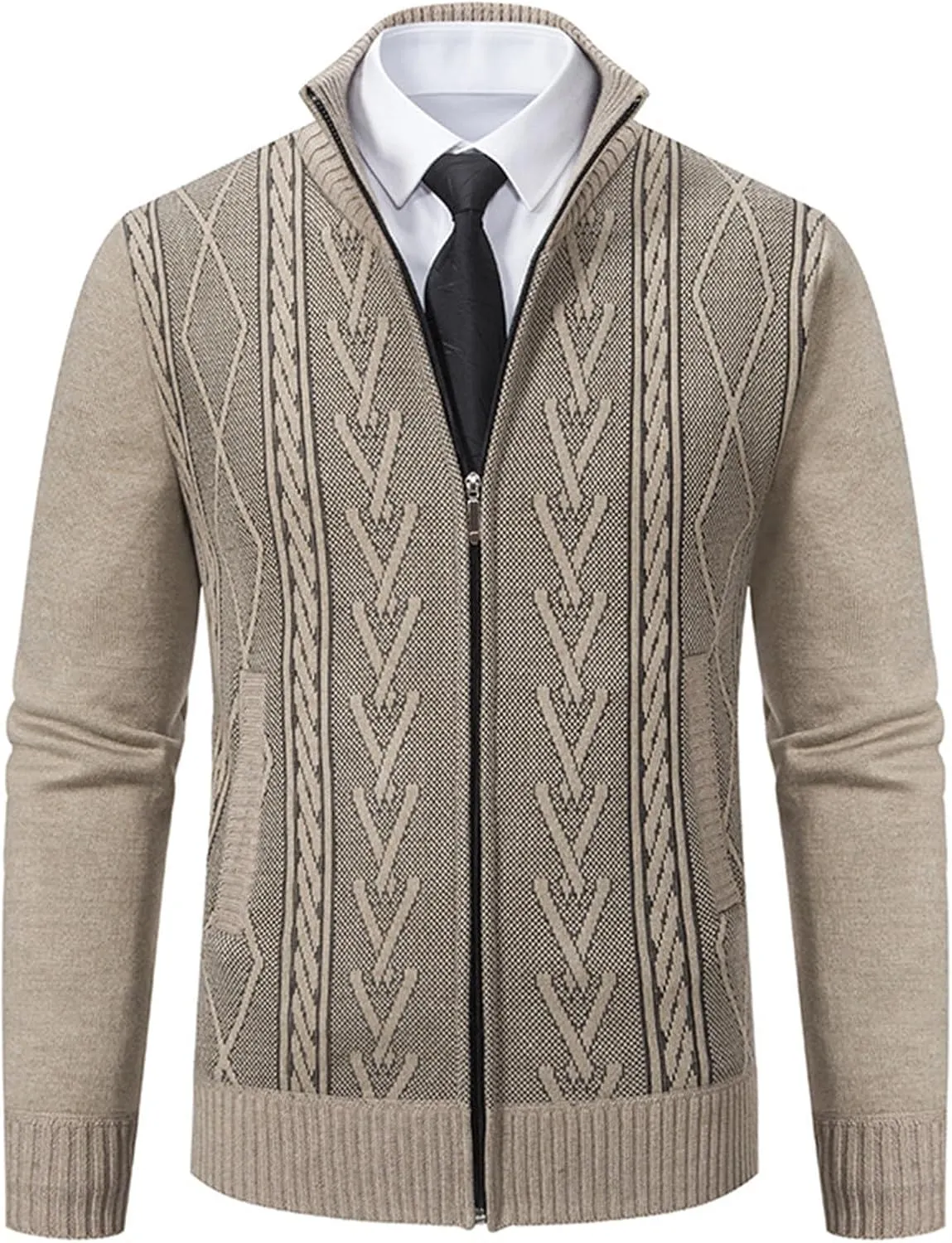 Mens Zip Up Cardigan Sweater Winter Warm Sherpa Lined Jacket Coat Classic Band Collar Full Zip Color-Block Stripe Coat