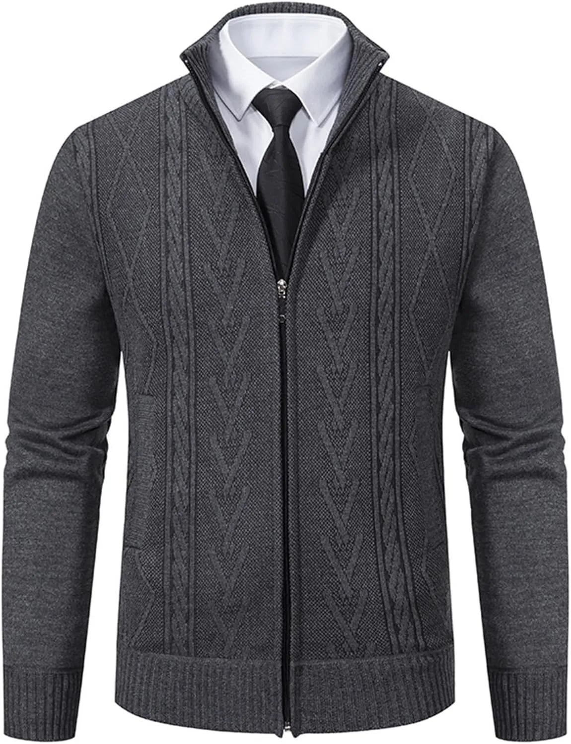 Mens Zip Up Cardigan Sweater Winter Warm Sherpa Lined Jacket Coat Classic Band Collar Full Zip Color-Block Stripe Coat