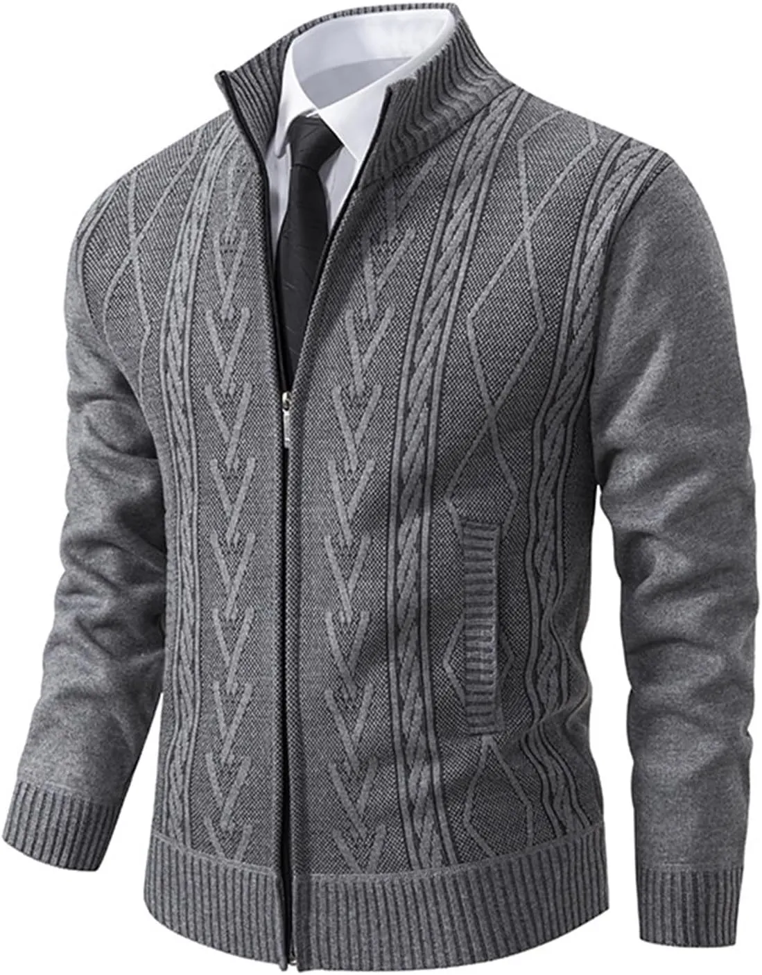 Mens Zip Up Cardigan Sweater Winter Warm Sherpa Lined Jacket Coat Classic Band Collar Full Zip Color-Block Stripe Coat