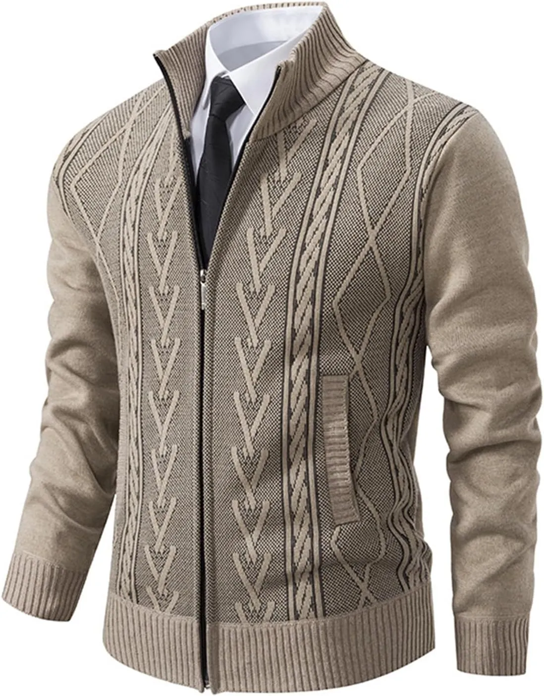 Mens Zip Up Cardigan Sweater Winter Warm Sherpa Lined Jacket Coat Classic Band Collar Full Zip Color-Block Stripe Coat