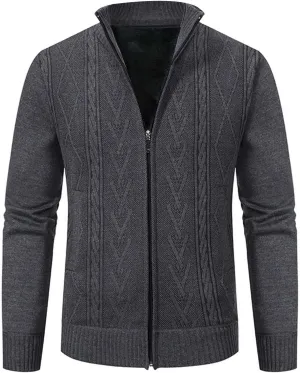 Mens Zip Up Cardigan Sweater Winter Warm Sherpa Lined Jacket Coat Classic Band Collar Full Zip Color-Block Stripe Coat