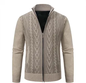 Mens Zip Up Cardigan Sweater Winter Warm Sherpa Lined Jacket Coat Classic Band Collar Full Zip Color-Block Stripe Coat
