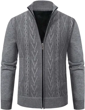 Mens Zip Up Cardigan Sweater Winter Warm Sherpa Lined Jacket Coat Classic Band Collar Full Zip Color-Block Stripe Coat