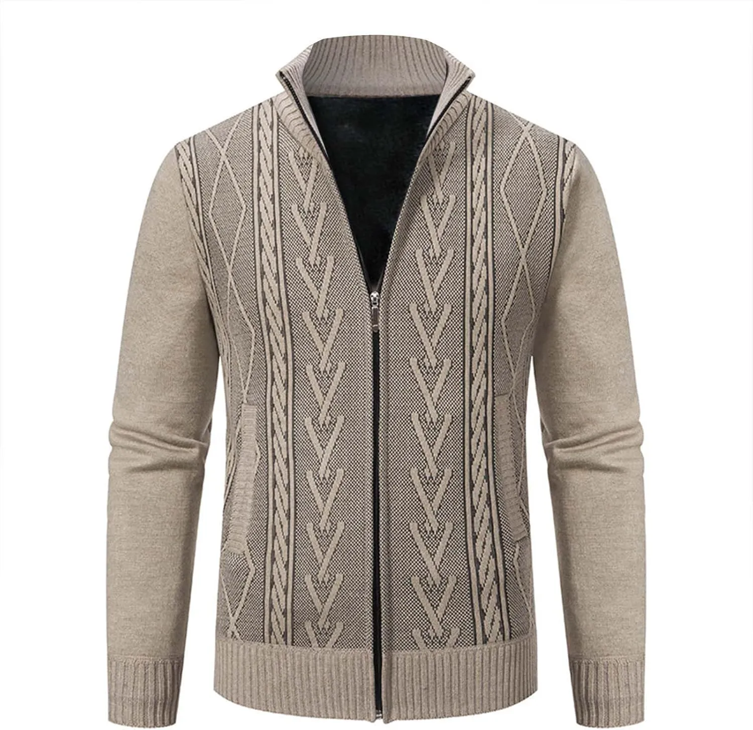 Mens Zip Up Cardigan Sweater Winter Warm Sherpa Lined Jacket Coat Classic Band Collar Full Zip Color-Block Stripe Coat