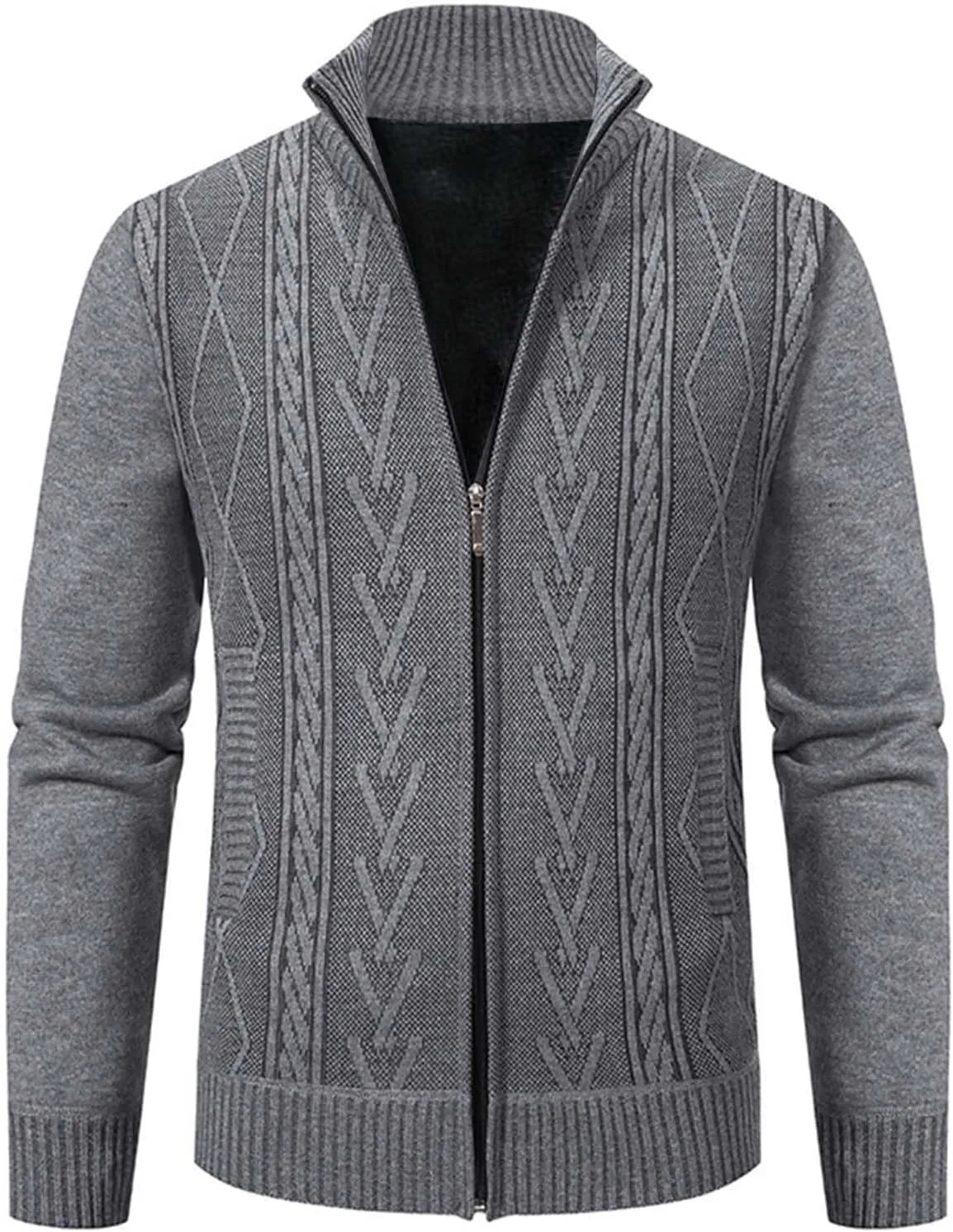 Mens Zip Up Cardigan Sweater Winter Warm Sherpa Lined Jacket Coat Classic Band Collar Full Zip Color-Block Stripe Coat