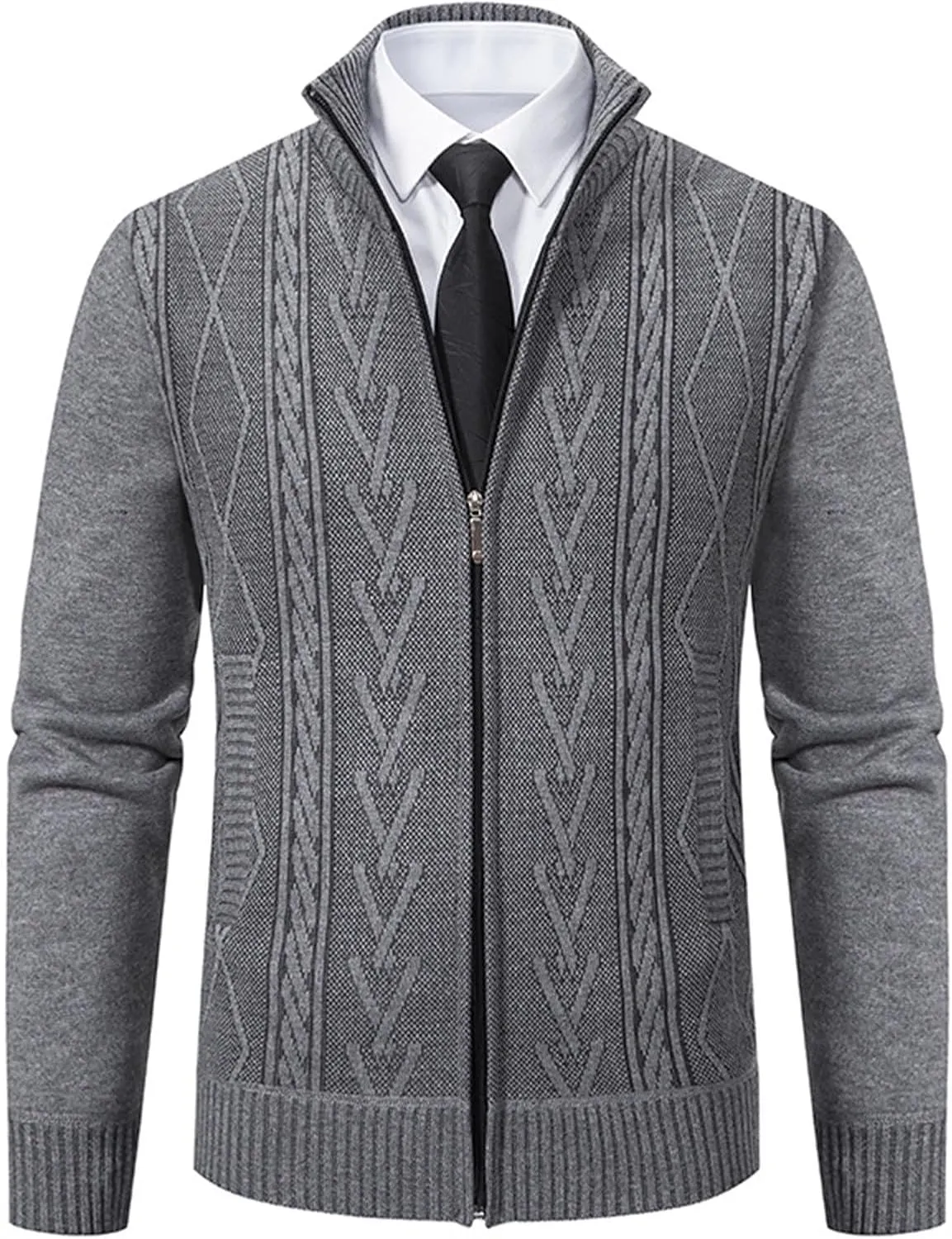 Mens Zip Up Cardigan Sweater Winter Warm Sherpa Lined Jacket Coat Classic Band Collar Full Zip Color-Block Stripe Coat