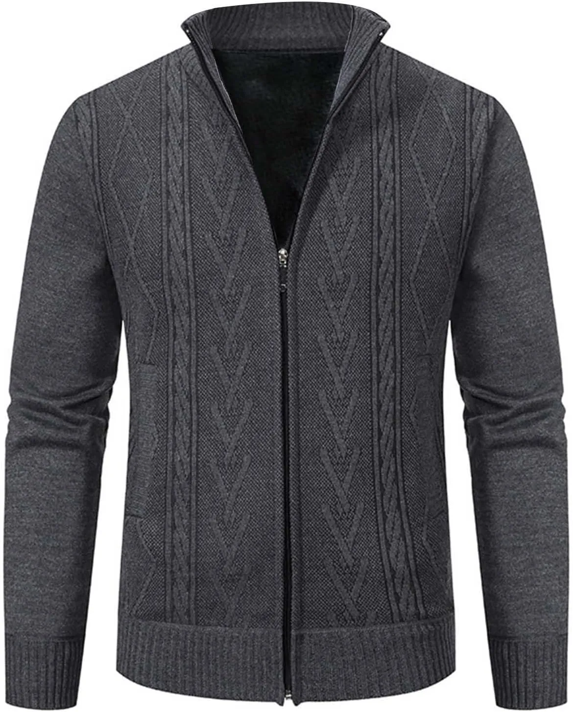 Mens Zip Up Cardigan Sweater Winter Warm Sherpa Lined Jacket Coat Classic Band Collar Full Zip Color-Block Stripe Coat