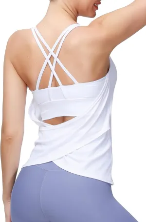 MotoRun Women's Workout Tank Tops Built in Bra Strappy Athletic Yoga Top Open Back Athletic Flowy Shirts Activewear for Women