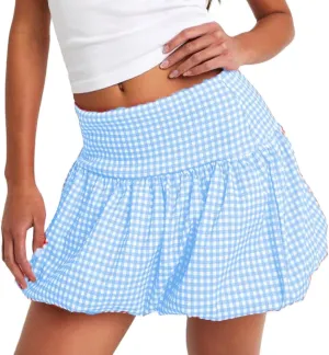 NUFIWI Women Bubble Mini Skirt High Waist Ruffle Flare Balloon Short Skirts Puffy Layered Pleated Skirt Y2k Gingham Skirts