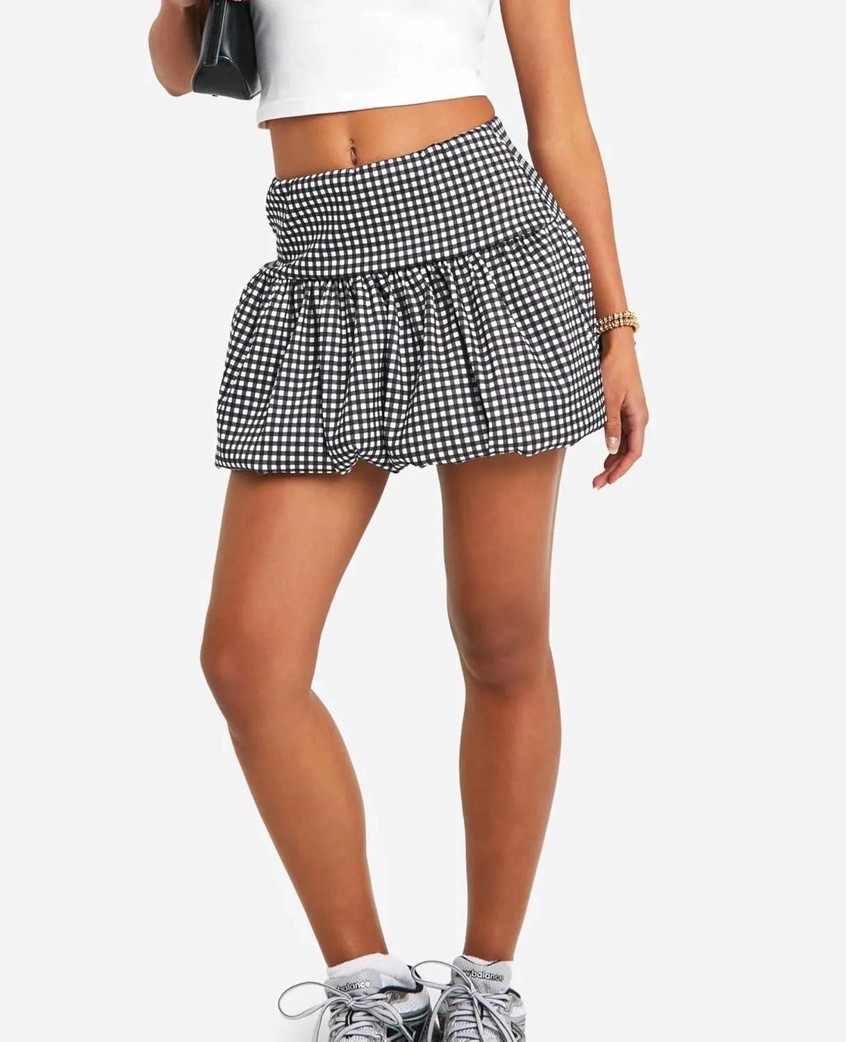 NUFIWI Women Bubble Mini Skirt High Waist Ruffle Flare Balloon Short Skirts Puffy Layered Pleated Skirt Y2k Gingham Skirts