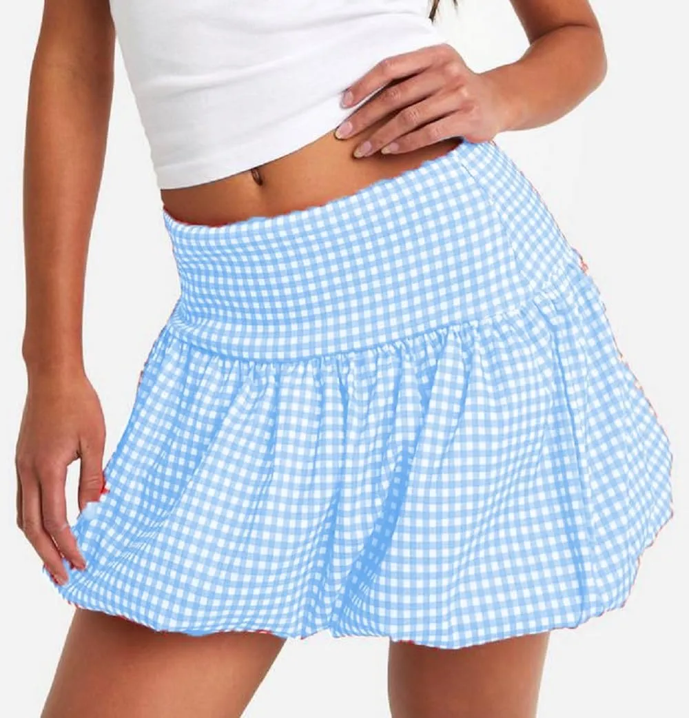 NUFIWI Women Bubble Mini Skirt High Waist Ruffle Flare Balloon Short Skirts Puffy Layered Pleated Skirt Y2k Gingham Skirts