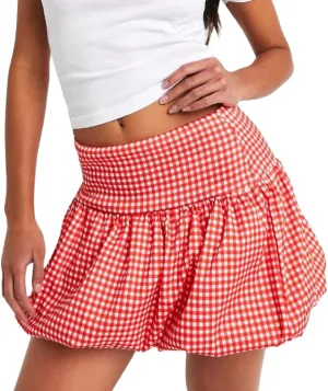NUFIWI Women Bubble Mini Skirt High Waist Ruffle Flare Balloon Short Skirts Puffy Layered Pleated Skirt Y2k Gingham Skirts