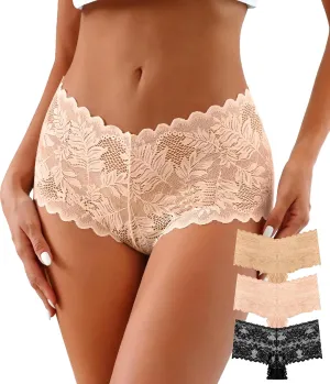 OLIKEME High Waisted Sexy Women's Underwear Floral Lace Boyshort Panties Breathable Cheeky No Show Hipster Briefs 3 Pack