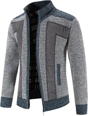 Patchwork Sweater Jackets for Men Full Zip Cardigan Jumpers Casual Stand Collar Jacket Knitted Patchwork Sweaters