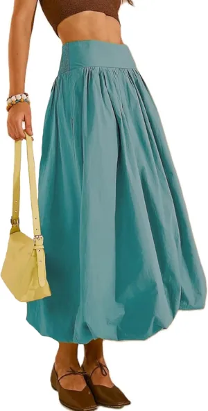 PDLCVD Summer Y2k Bubble Maxi Skirt for Women Casual Elastic Waist A Line Long SkirtRuffle Midi Skirt Sundress