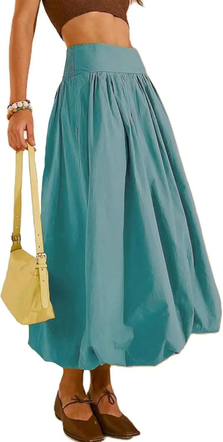 PDLCVD Summer Y2k Bubble Maxi Skirt for Women Casual Elastic Waist A Line Long SkirtRuffle Midi Skirt Sundress