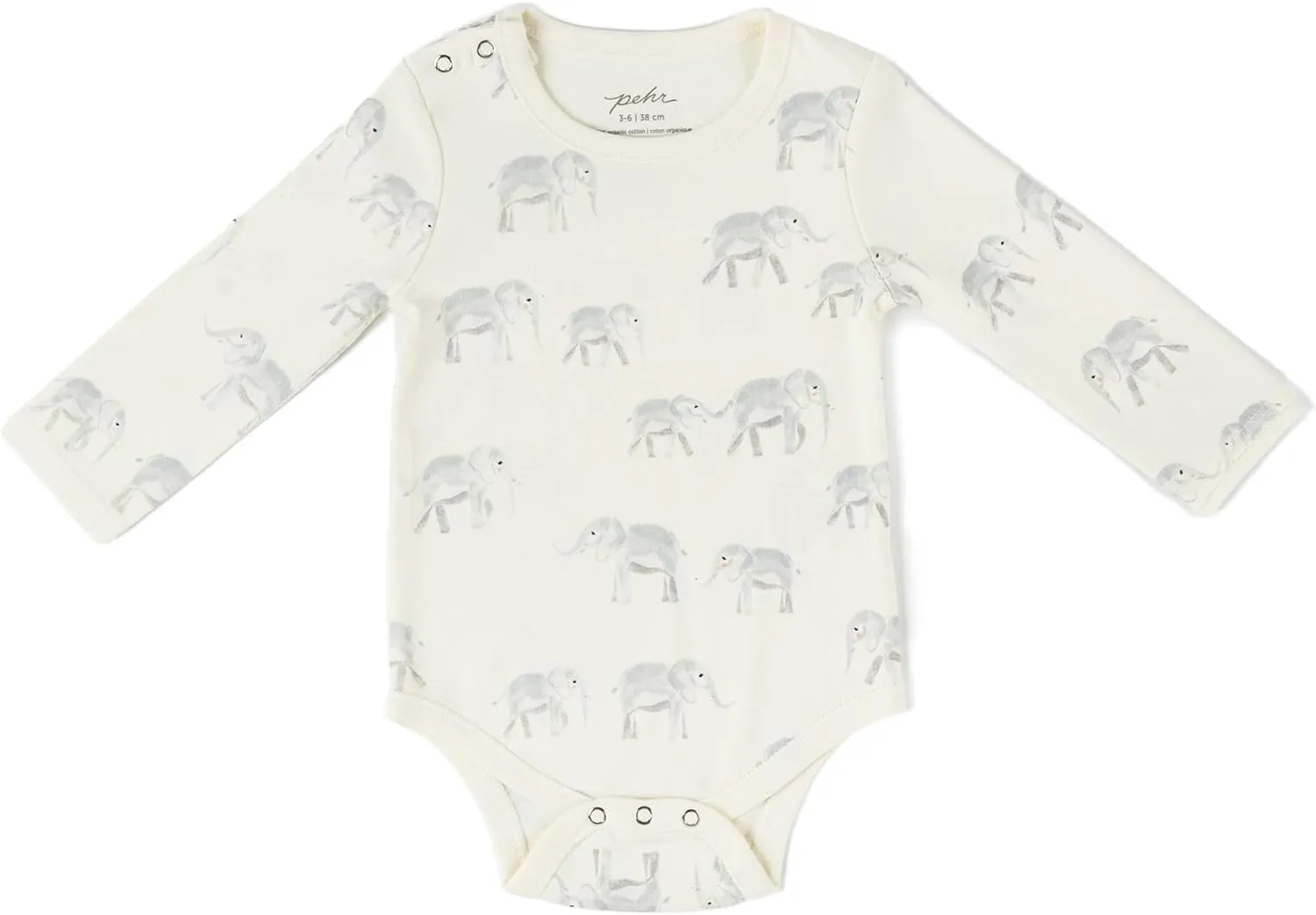 PEHR Shoulder Snap One-Piece, Follow Me Elephant | 100% Organic Cotton Baby Bodysuit | Easy Snap Closure | Sizes 0-18 Months