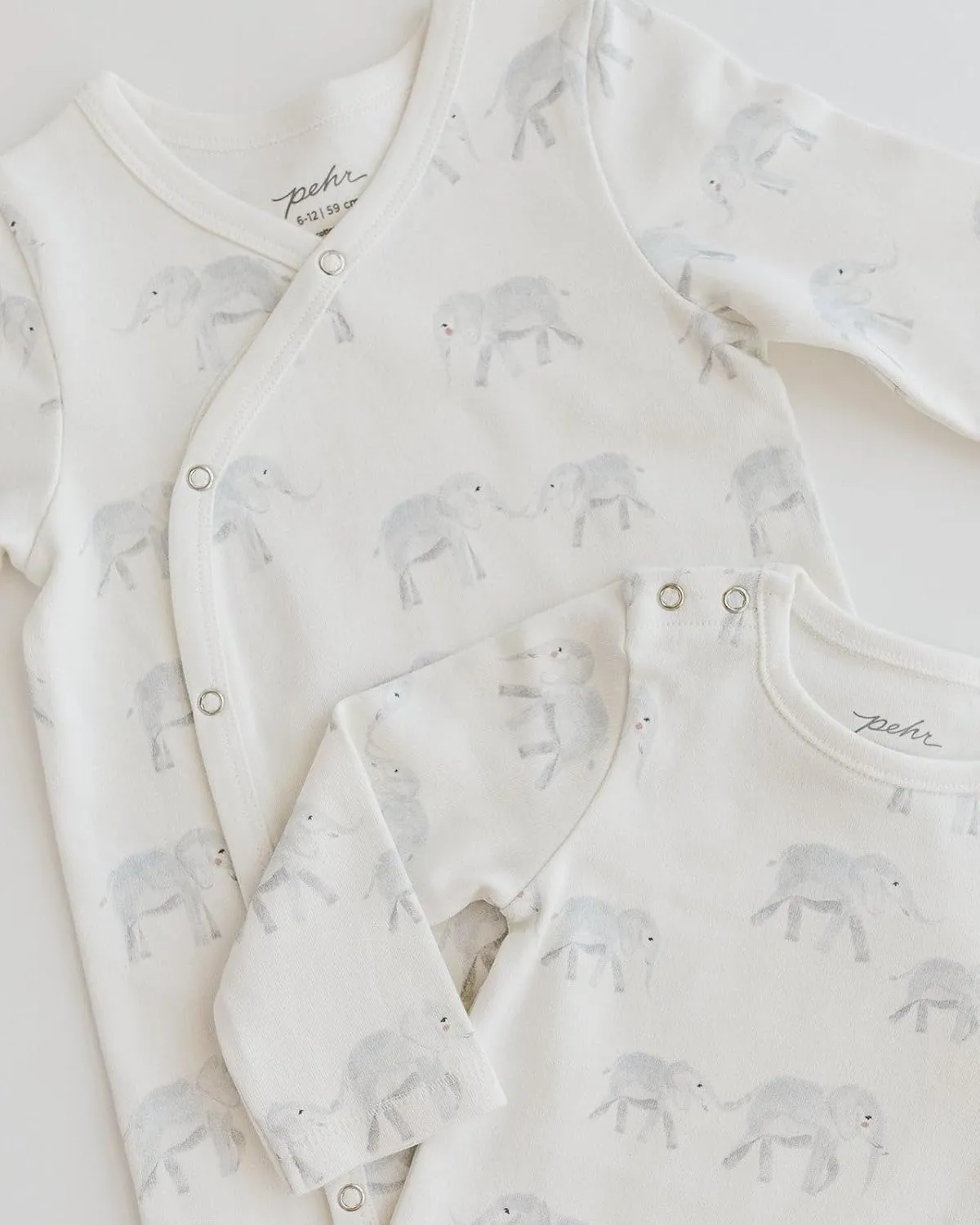 PEHR Shoulder Snap One-Piece, Follow Me Elephant | 100% Organic Cotton Baby Bodysuit | Easy Snap Closure | Sizes 0-18 Months