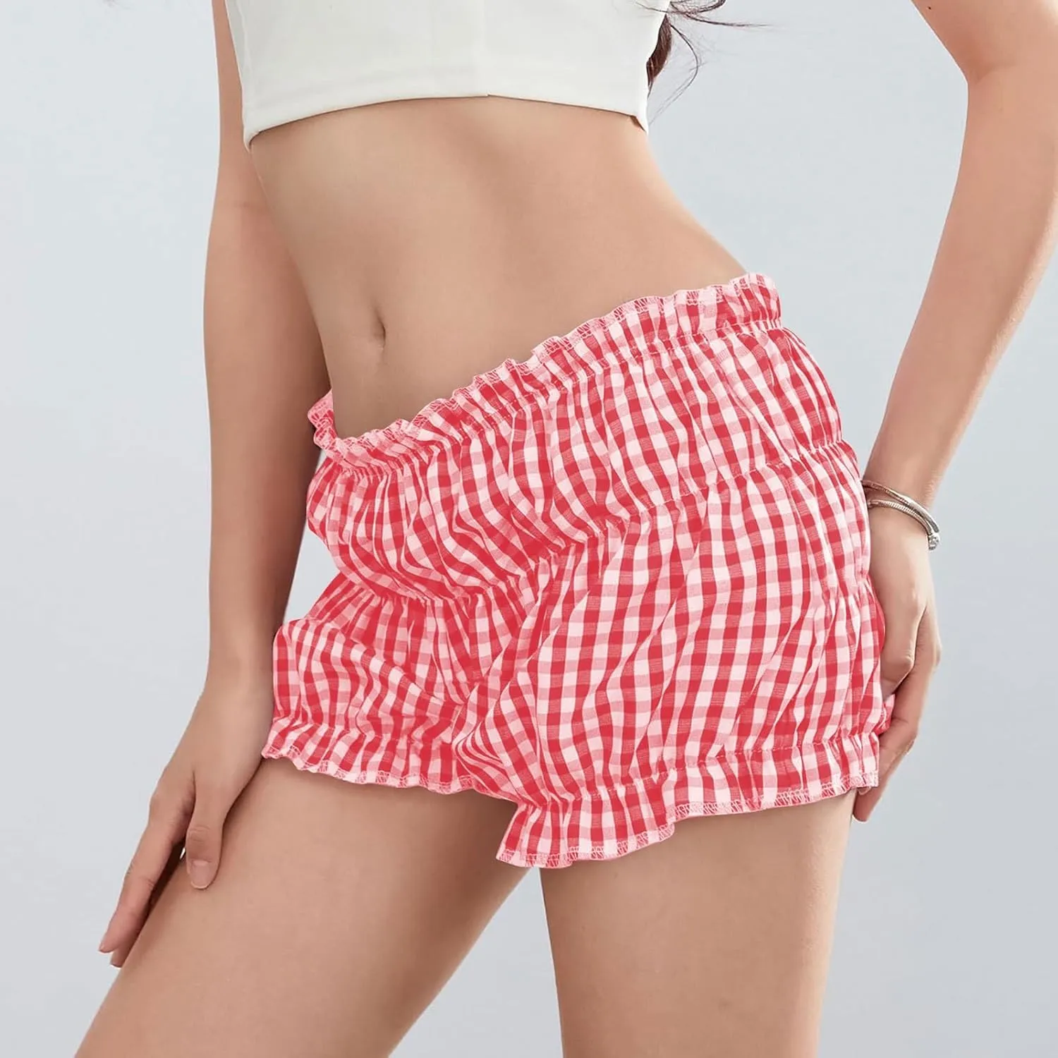 Pink Plaid Skirt for Women Mini Shorts Low Rise Checkered Bloomer Shorts Y2k Mini Ruffle Shorts Gingham Boxer