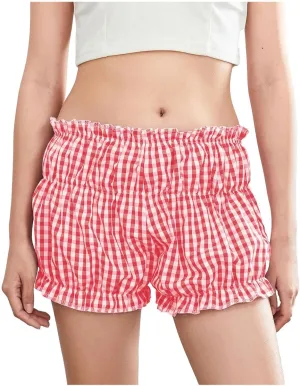Pink Plaid Skirt for Women Mini Shorts Low Rise Checkered Bloomer Shorts Y2k Mini Ruffle Shorts Gingham Boxer
