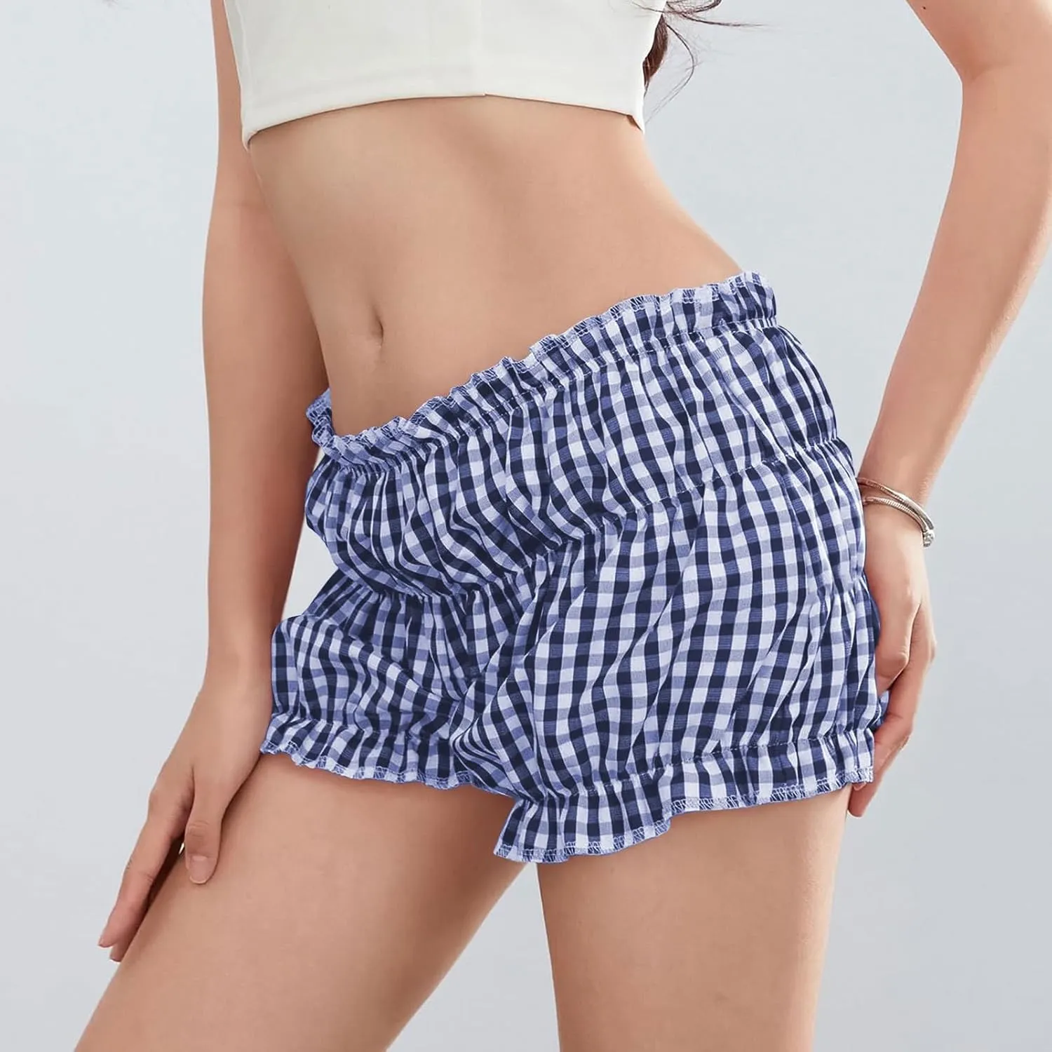 Pink Plaid Skirt for Women Mini Shorts Low Rise Checkered Bloomer Shorts Y2k Mini Ruffle Shorts Gingham Boxer
