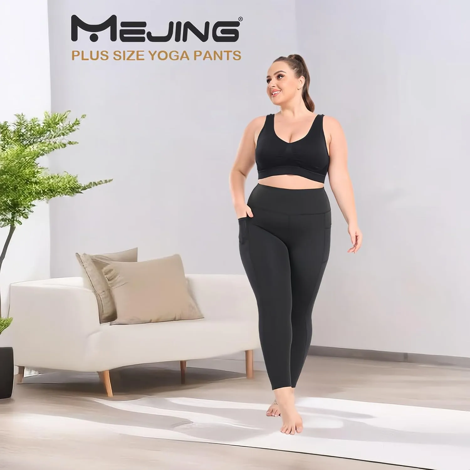 Plus Size Leggings for Women with Pockets Stretchy, L-5XL Tummy Control High Waist Workout Black Mesh Yoga Pants