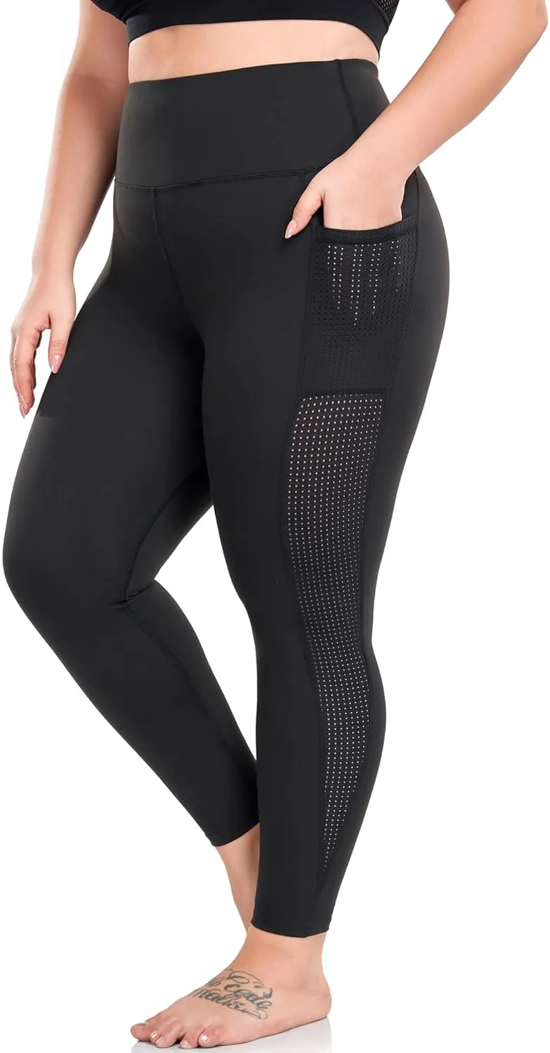 Plus Size Leggings for Women with Pockets Stretchy, L-5XL Tummy Control High Waist Workout Black Mesh Yoga Pants
