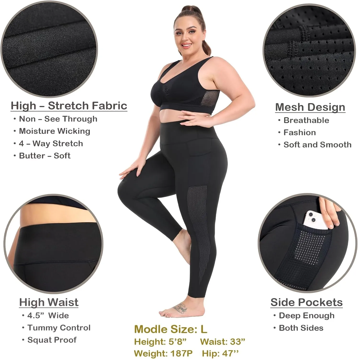 Plus Size Leggings for Women with Pockets Stretchy, L-5XL Tummy Control High Waist Workout Black Mesh Yoga Pants