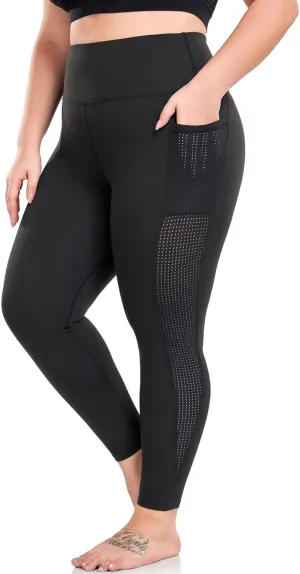 Plus Size Leggings for Women with Pockets Stretchy, L-5XL Tummy Control High Waist Workout Black Mesh Yoga Pants