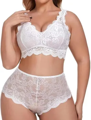 Plus Size Lingerie Set for Women Sexy Lace Underwear Halter Bralette High Waist Panty 2 Piece Babydoll Sleepwear Suit