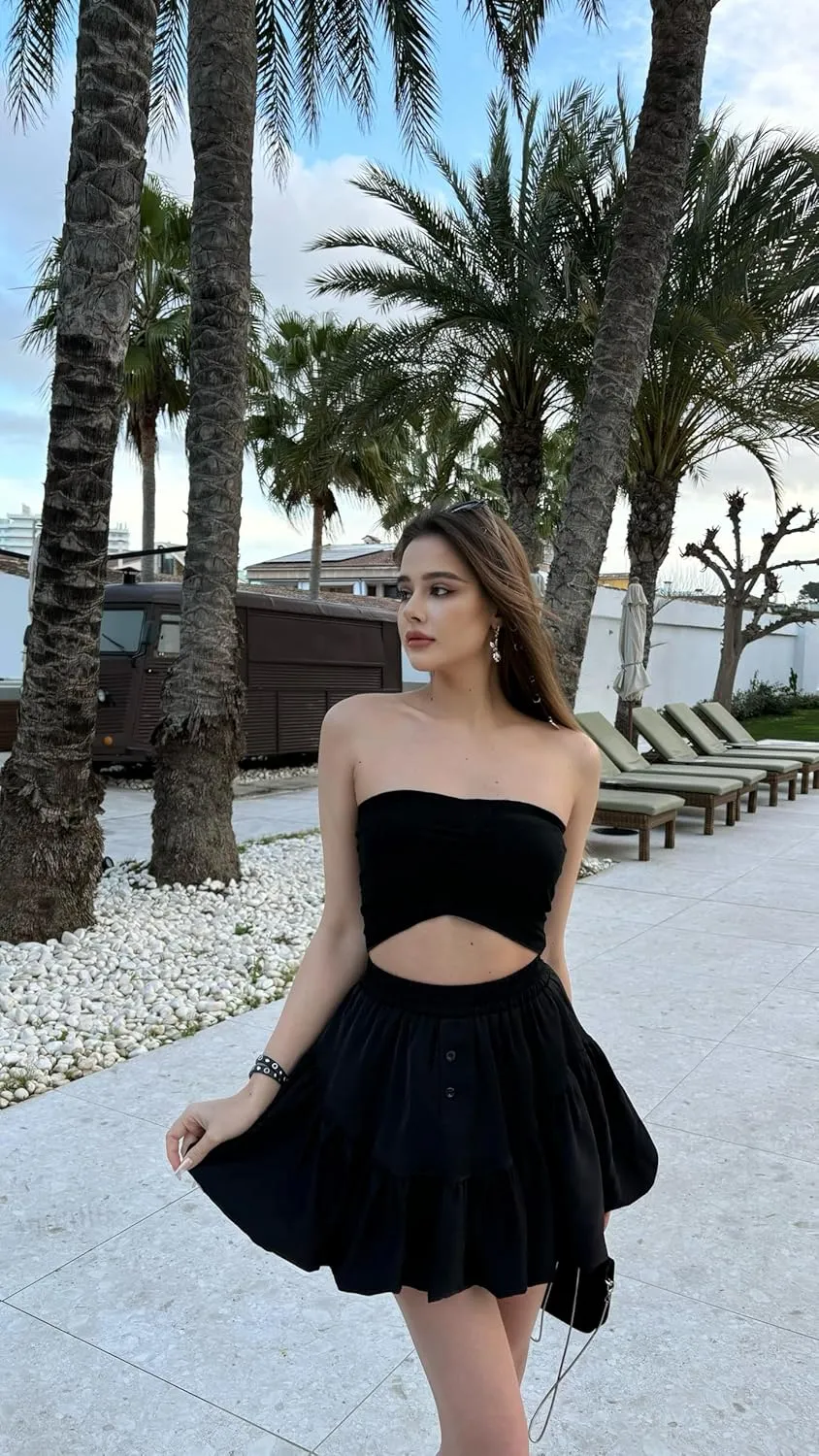 Rapbin Women Y2k Bubble Skirt Summer Pleated Puffy Short Skirt Ruffle Hem A Line Flared Balloon Skirts Streetwear
