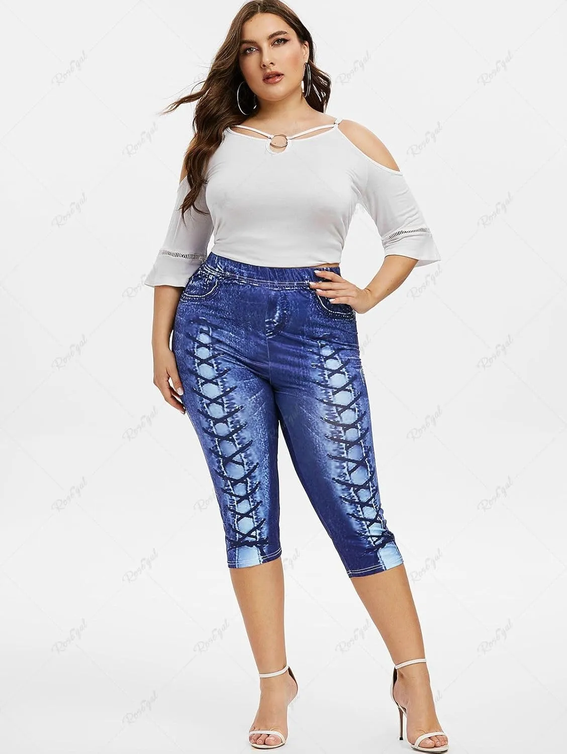 ROSE GAL Rosegal Women Plus Size Pull On Skinny Jeggings 3D Printed Denim Leggings Jeans Printed High Waisted Capri Leggings