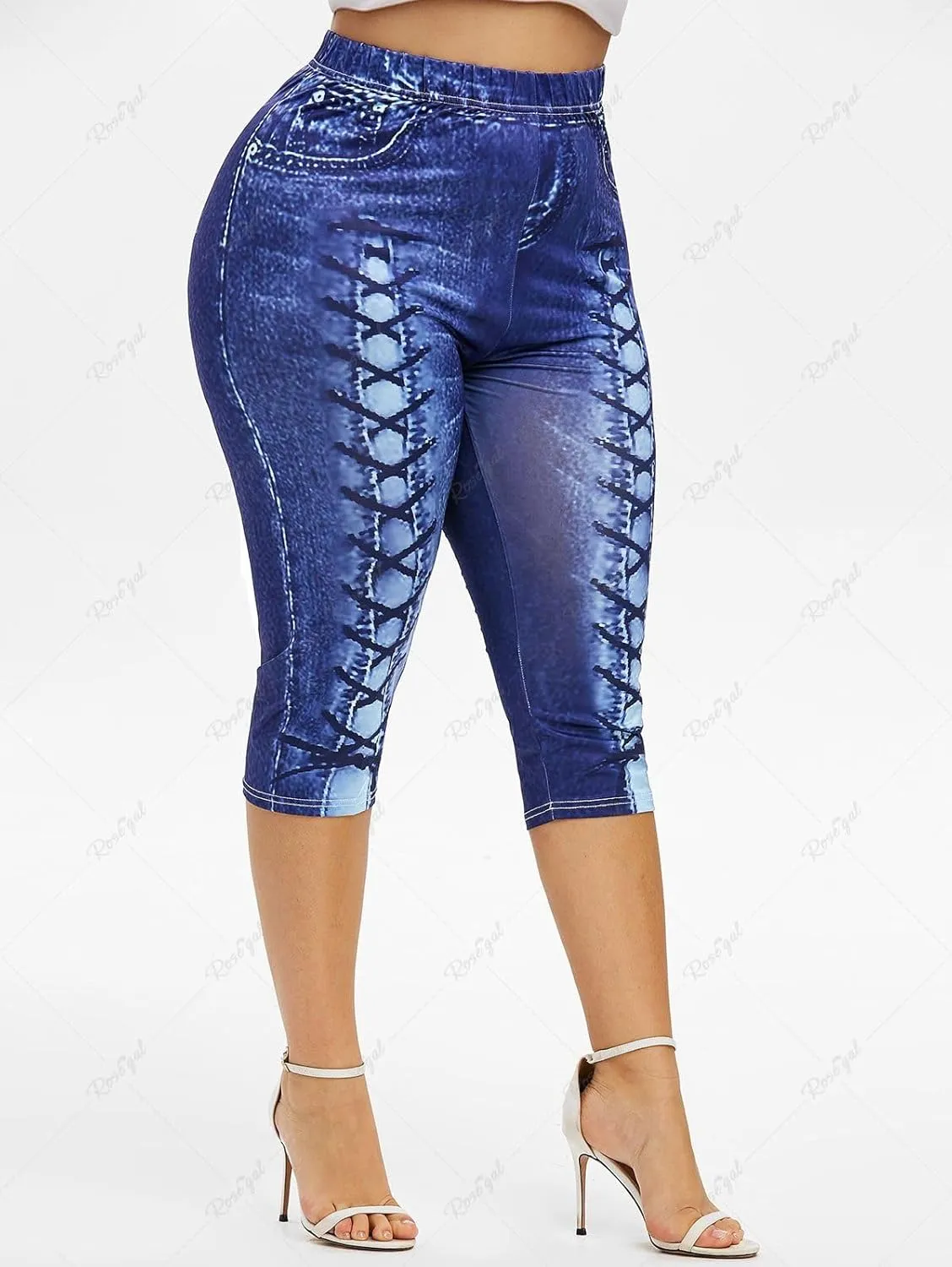 ROSE GAL Rosegal Women Plus Size Pull On Skinny Jeggings 3D Printed Denim Leggings Jeans Printed High Waisted Capri Leggings