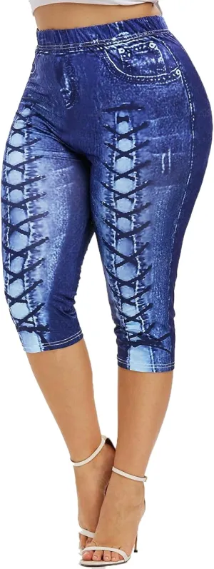 ROSE GAL Rosegal Women Plus Size Pull On Skinny Jeggings 3D Printed Denim Leggings Jeans Printed High Waisted Capri Leggings