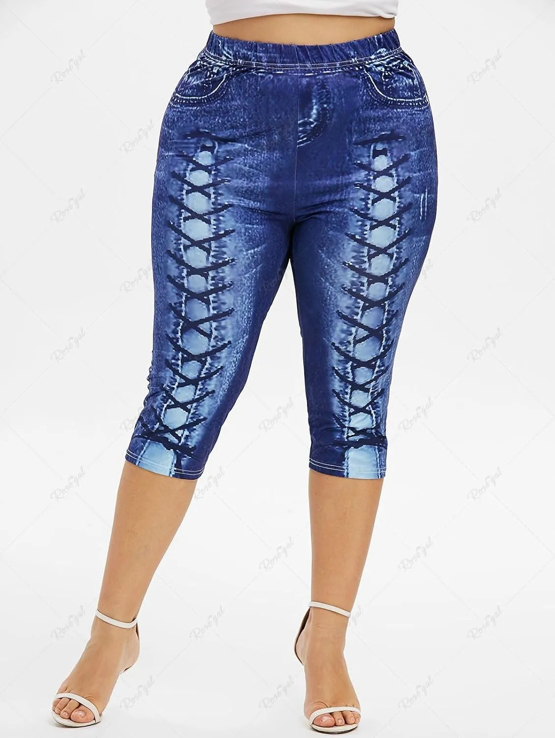 ROSE GAL Rosegal Women Plus Size Pull On Skinny Jeggings 3D Printed Denim Leggings Jeans Printed High Waisted Capri Leggings