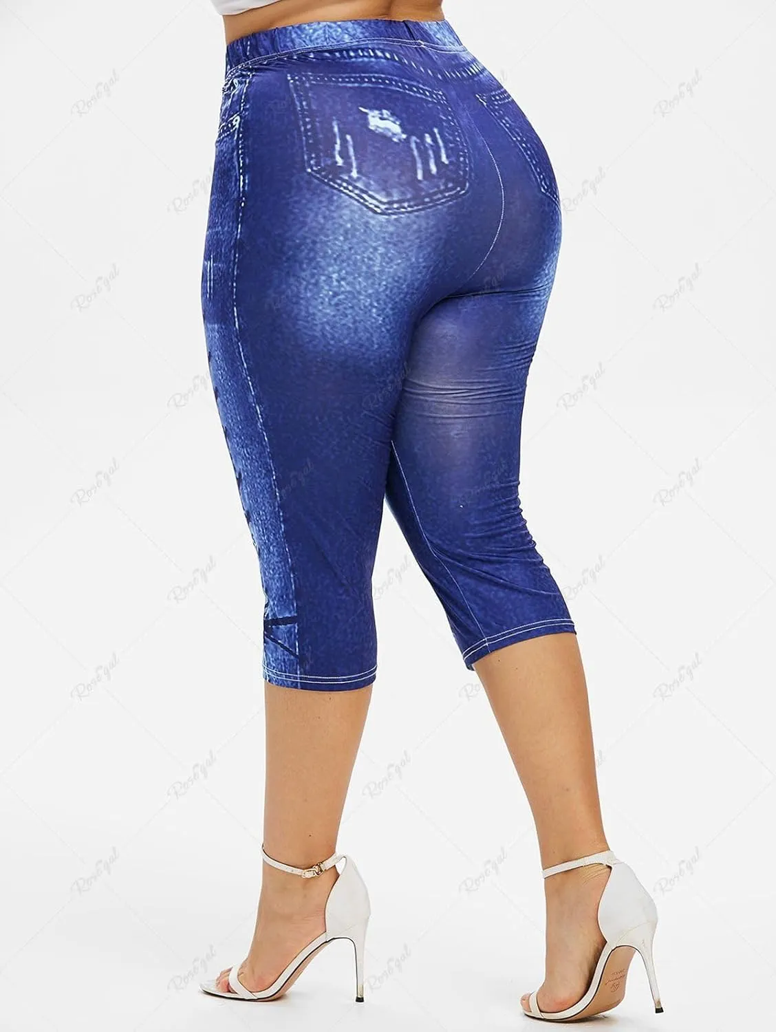 ROSE GAL Rosegal Women Plus Size Pull On Skinny Jeggings 3D Printed Denim Leggings Jeans Printed High Waisted Capri Leggings