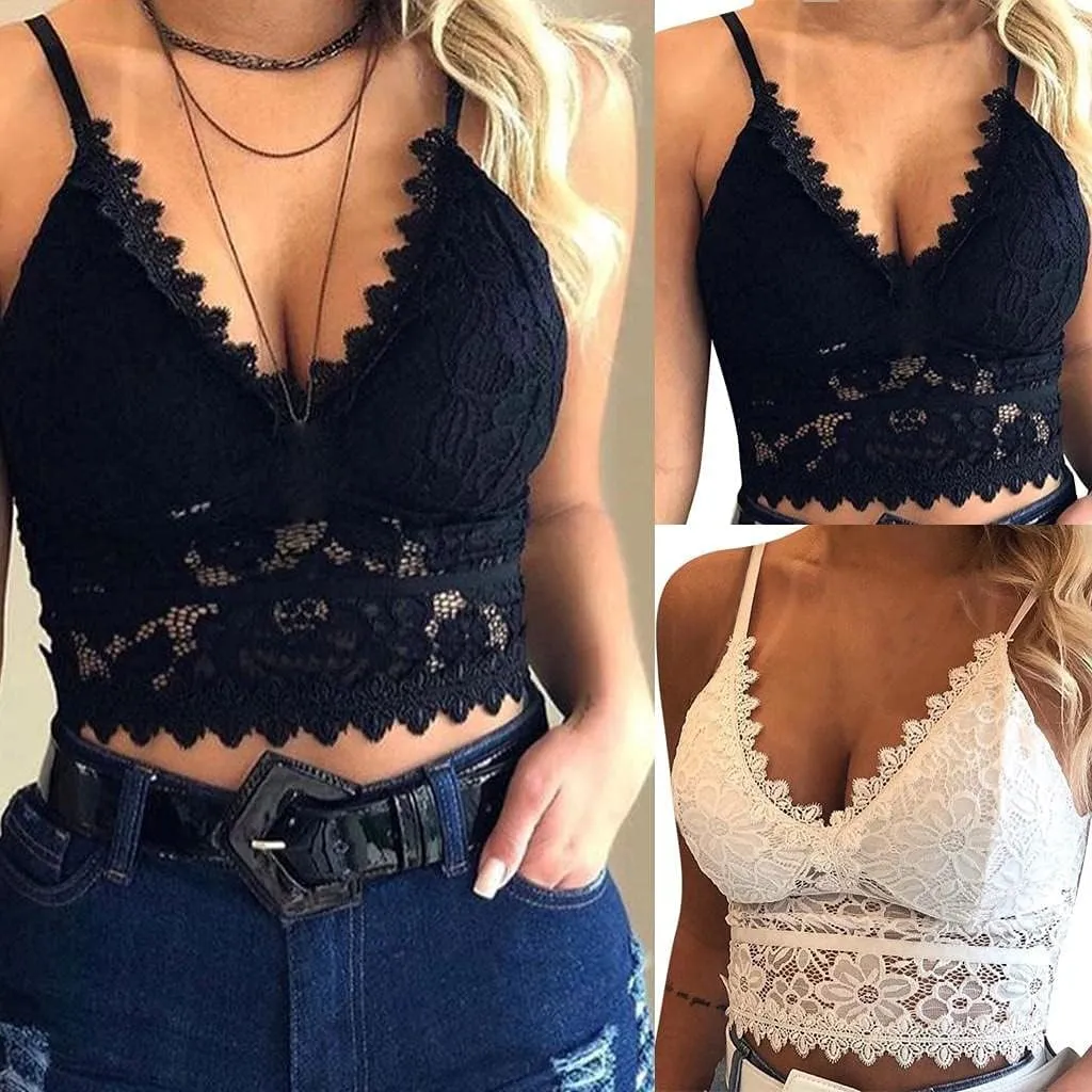 SACFOF Lace Bralette for Women, Womens Sexy Lace Bralettes Adjustable Strap V Neck Padded Lace Bra