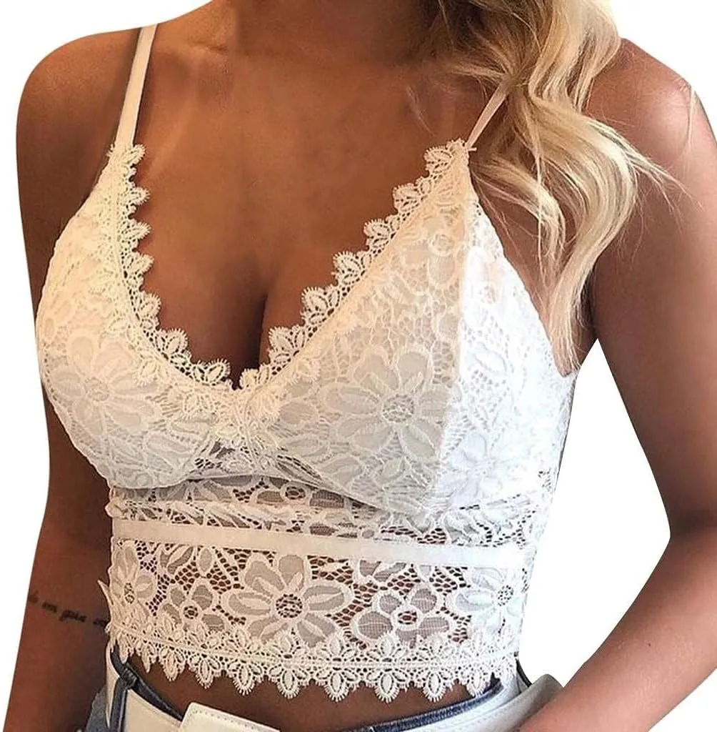 SACFOF Lace Bralette for Women, Womens Sexy Lace Bralettes Adjustable Strap V Neck Padded Lace Bra
