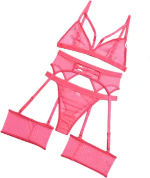 Sexy Fishnet Lingerie Set for Women Sheer Mesh Lace Strappy Garter Lingerie 3 Piece Bra and Panty Set with Garter Belt