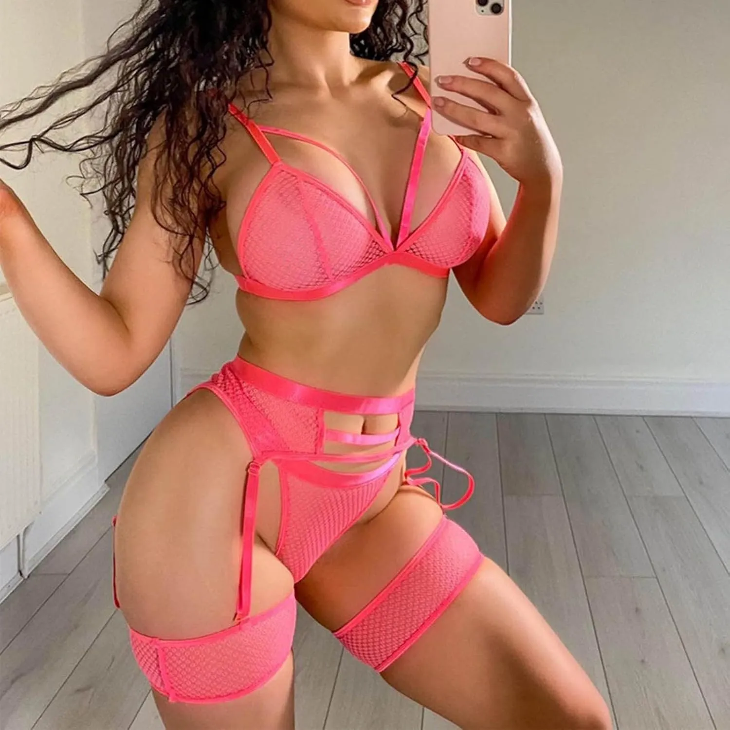 Sexy Fishnet Lingerie Set for Women Sheer Mesh Lace Strappy Garter Lingerie 3 Piece Bra and Panty Set with Garter Belt