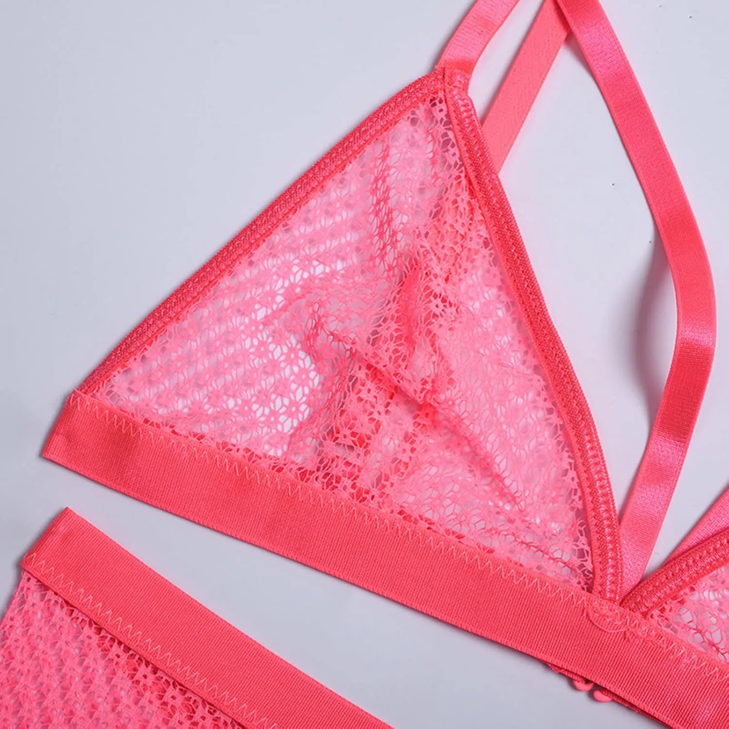 Sexy Fishnet Lingerie Set for Women Sheer Mesh Lace Strappy Garter Lingerie 3 Piece Bra and Panty Set with Garter Belt