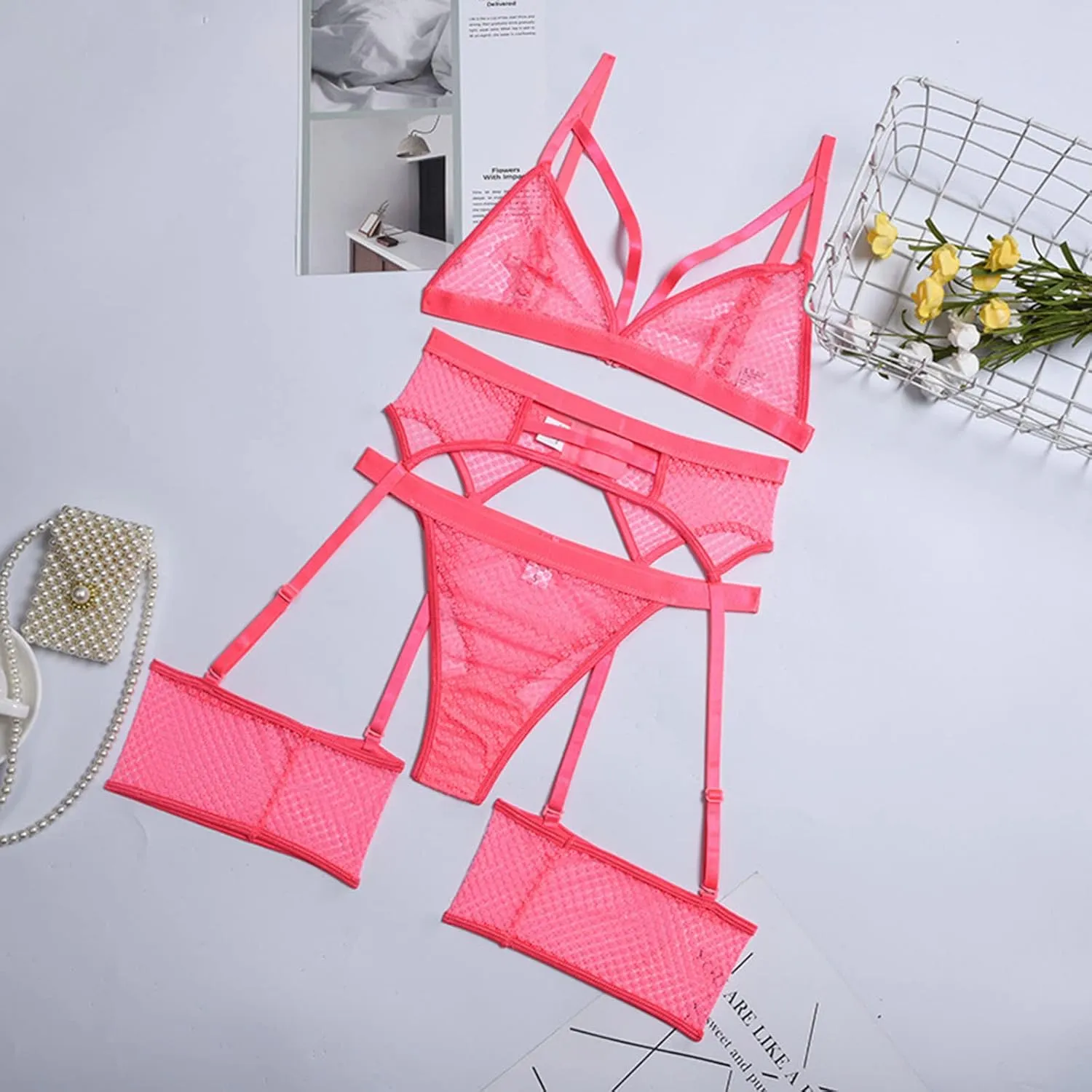 Sexy Fishnet Lingerie Set for Women Sheer Mesh Lace Strappy Garter Lingerie 3 Piece Bra and Panty Set with Garter Belt