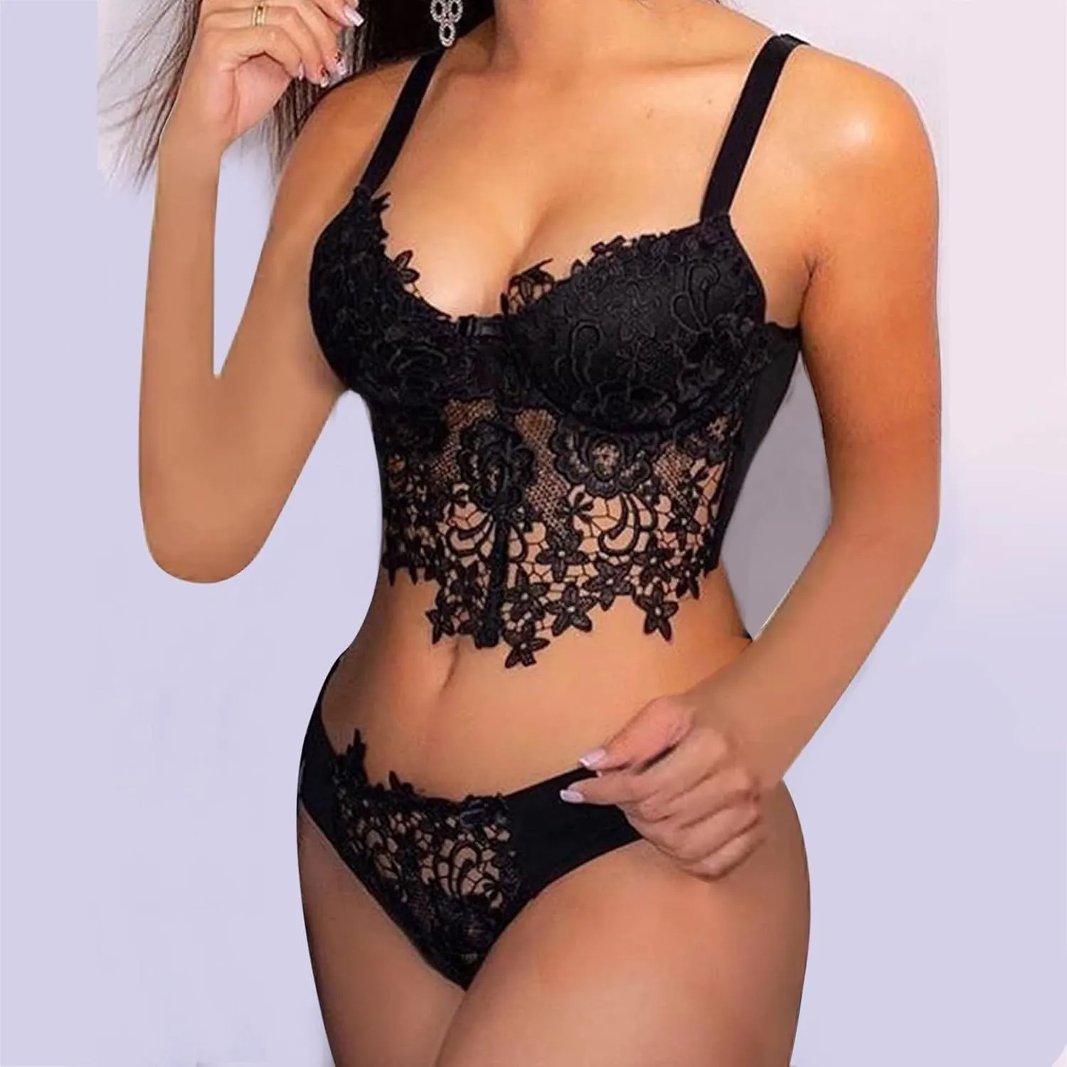 Sexy Lingerie for Women Embroidery Wireless Thong Lace Bra and Panty Sets 2 Piece Lace Bralette Set