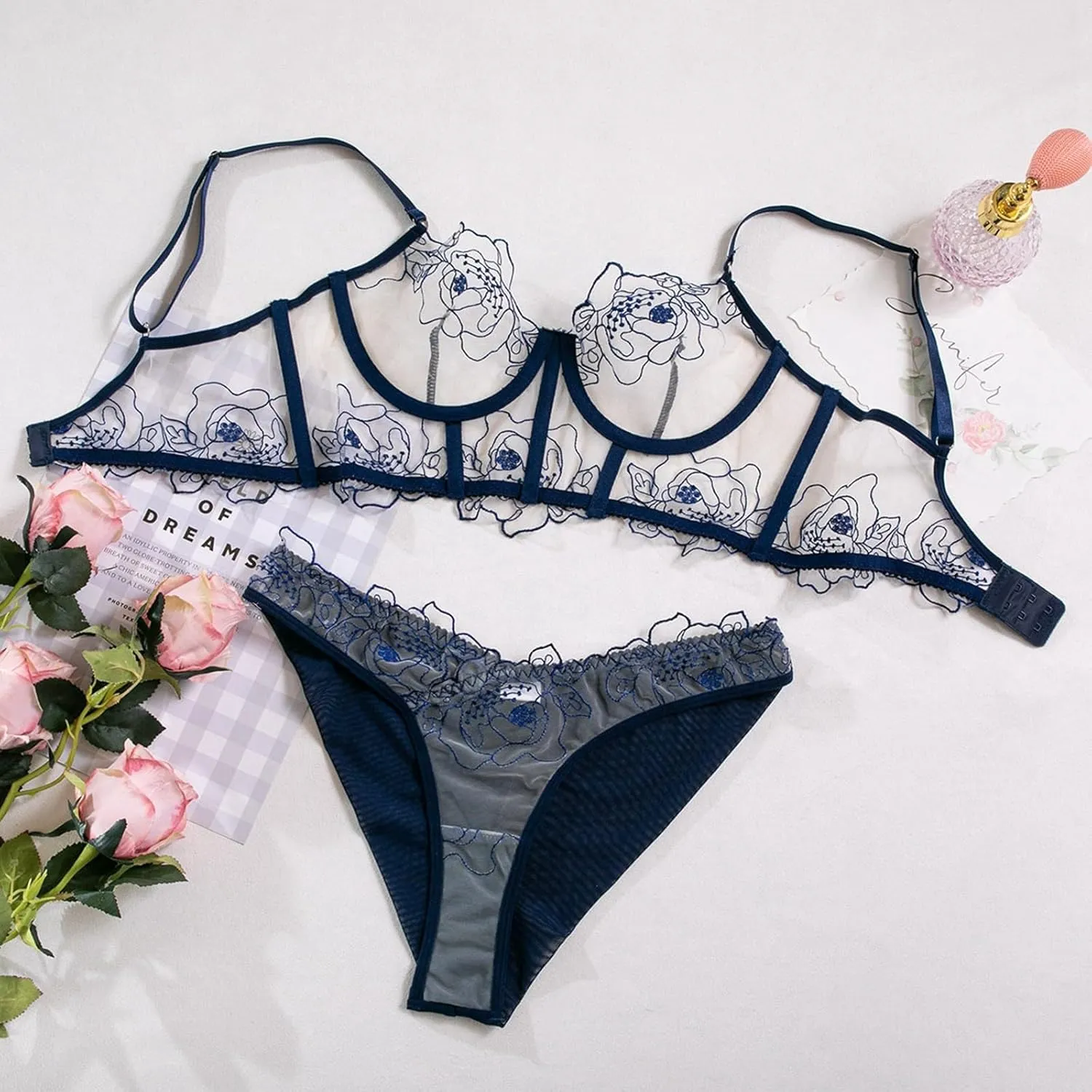Sexy Lingerie for Women Lace Bra and Panty Set Embroidery See Through Lingerie 2 Piece Sheer Bralette Set