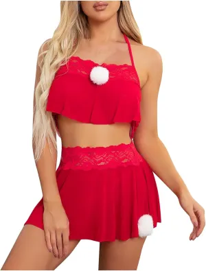 Sexy Lingerie for Women Naughty 3 Piece Mesh Halter Bralette, Lace Mini Skirt with G-String Teddy Lingerie Set