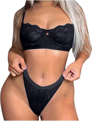Sexy Lingerie Set for women Lace Bralette High Waist Panty Set 2 Piece Teddy Babydoll Nightgown Outfits Black