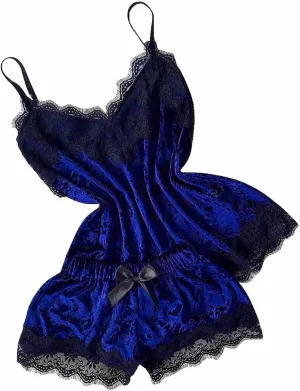 Sexy Pajama Set for Women Lace Cami and Shorts Two Piece Satin Lingerie Ruffled Sleepwear V Neck Camisole Nightwear