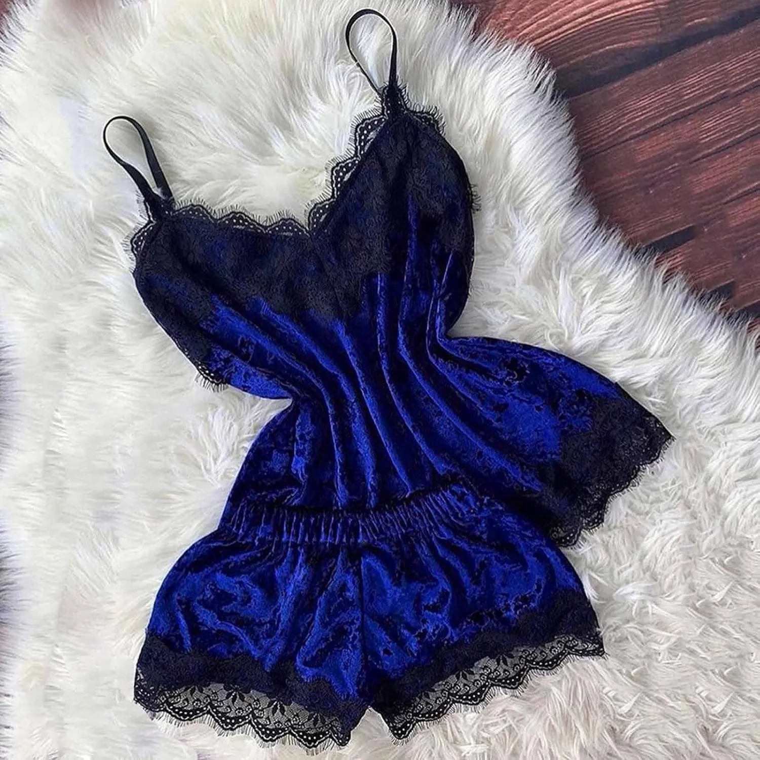 Sexy Pajama Set for Women Lace Cami and Shorts Two Piece Satin Lingerie Ruffled Sleepwear V Neck Camisole Nightwear