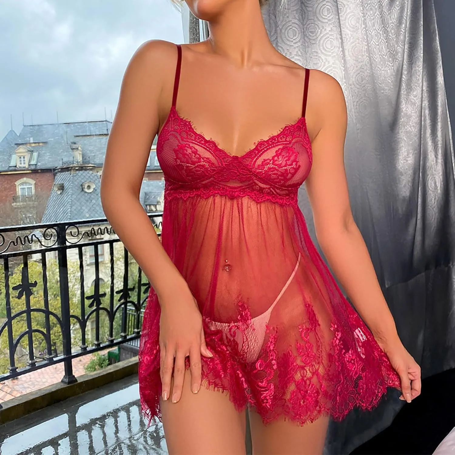 Sexy Red Bodysuit Women Valentine Day Sexy Lingerie Embroidery Lace Sexy Pajamas for Women Back Opening